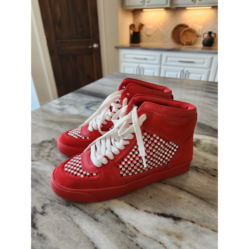Gianni Bini Red Rhinestone Studded High Top Sneakers Womens 8M Leather Upper